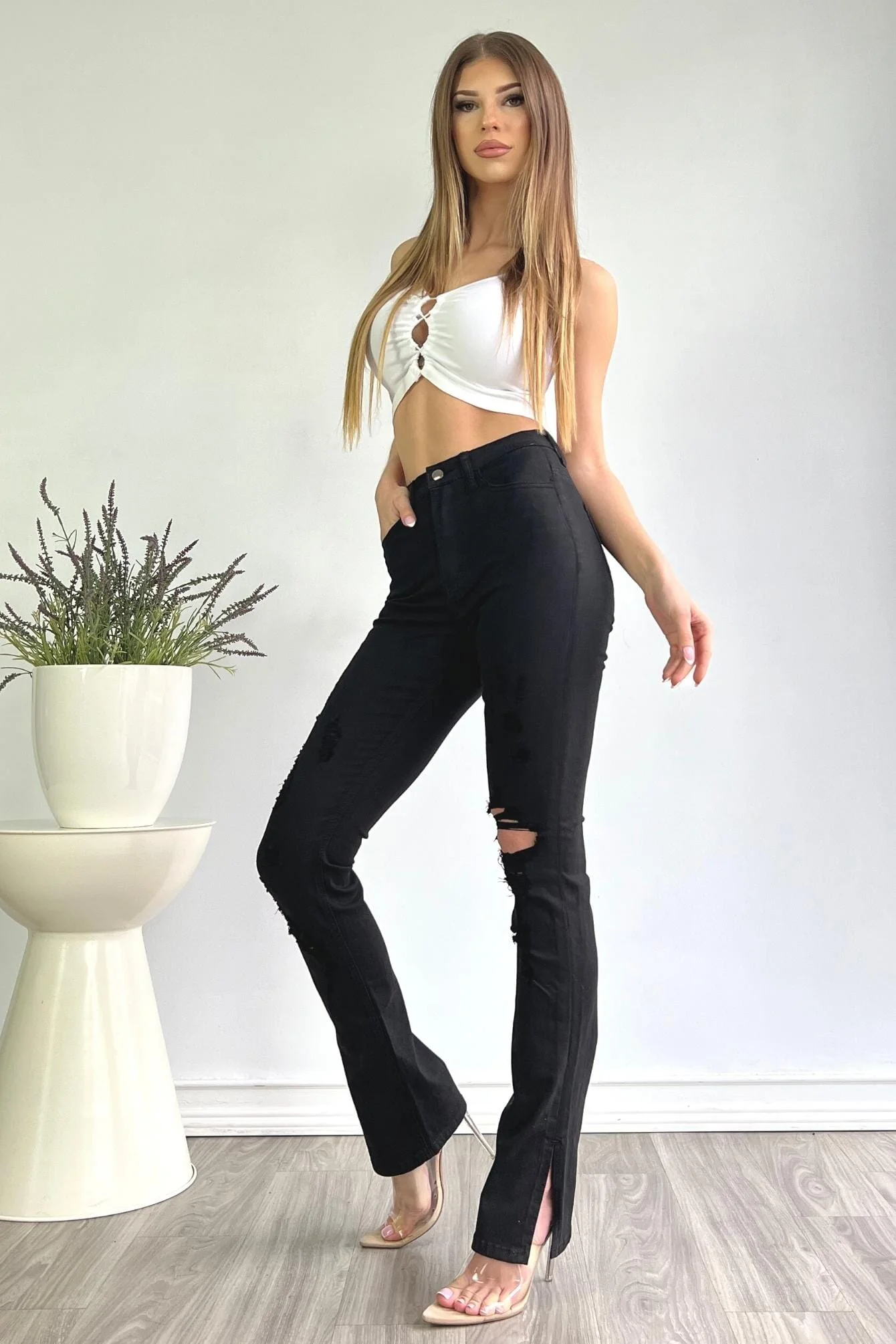 I'm Sprung Black Split Hem Distressed Straight Leg Jeans - Image 3