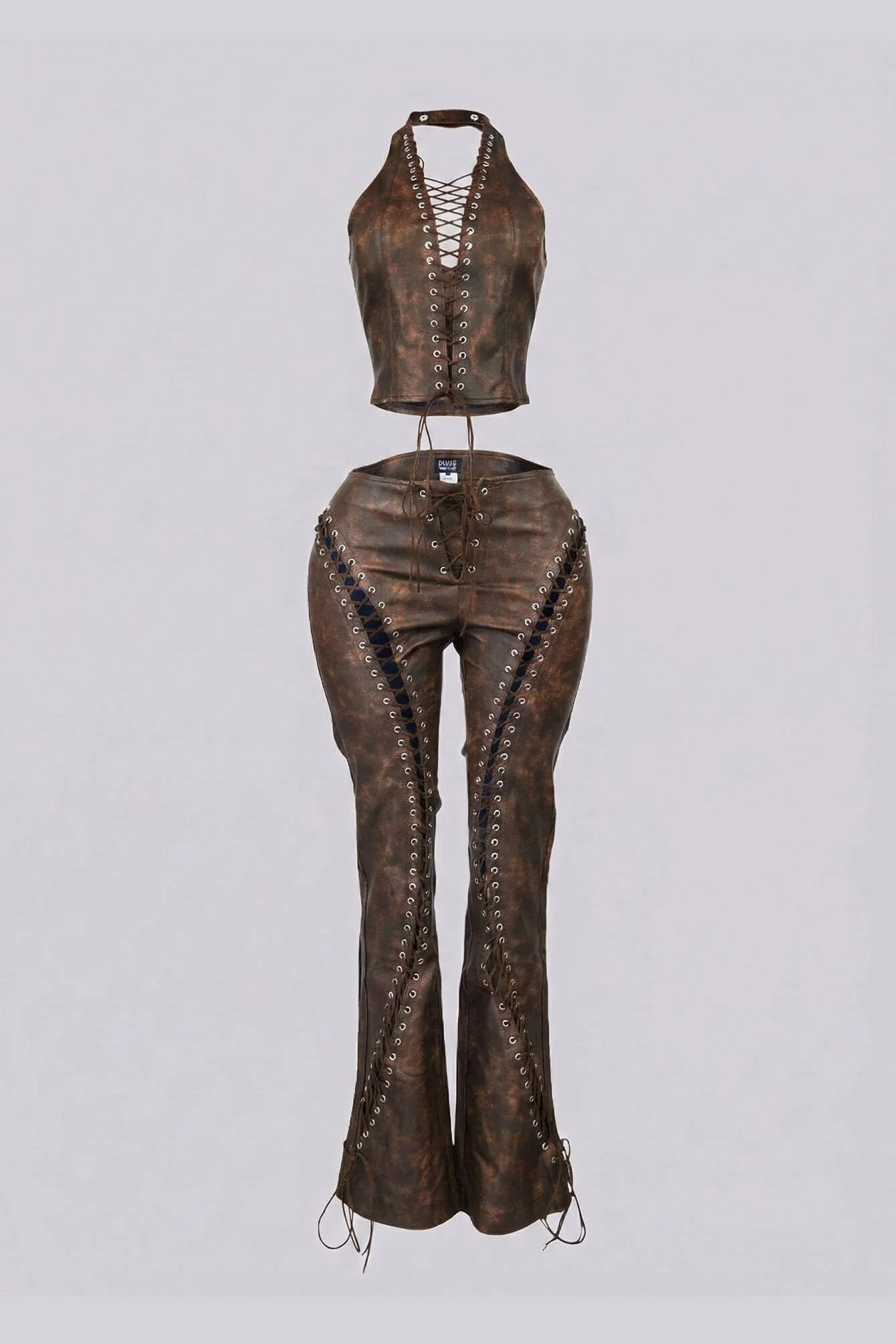 Claudia Vintage PU Halter Top & Pants SET - Image 4