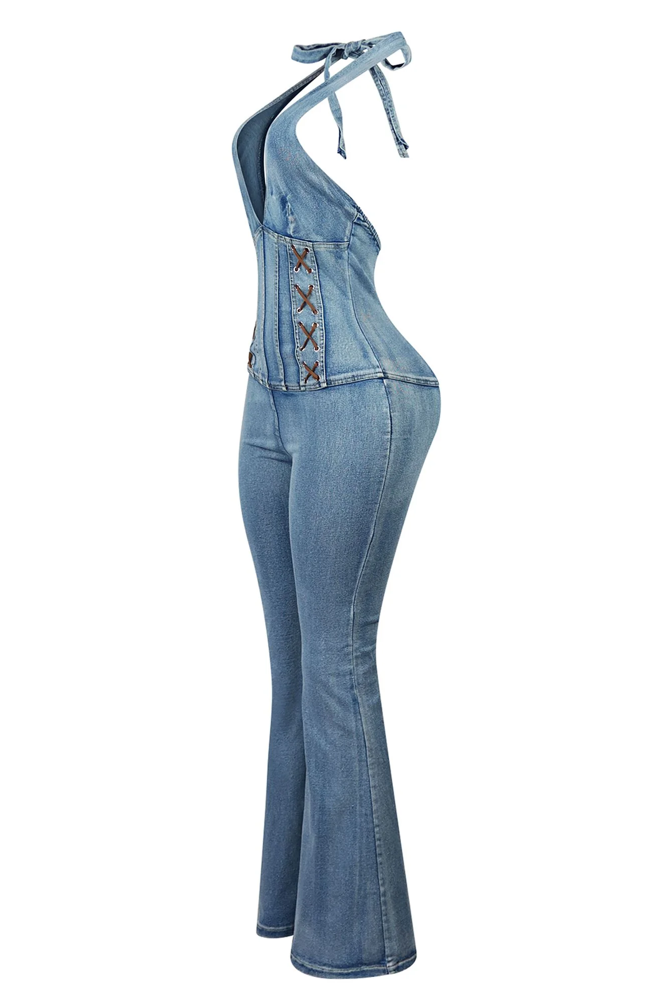 Clayton Washed Denim Halter Flare Jumpsuit - Image 4