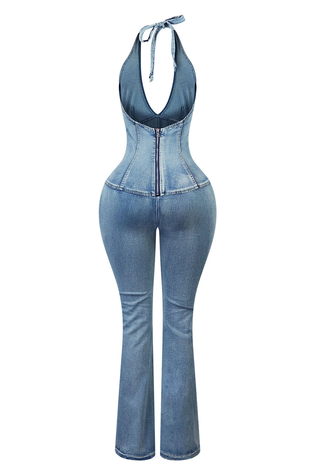 Clayton Washed Denim Halter Flare Jumpsuit - Image 5
