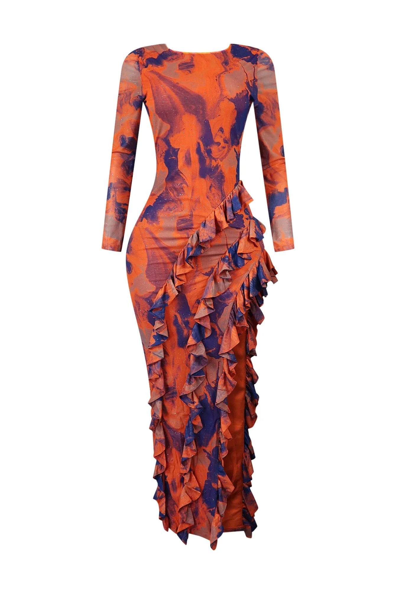 Crazy For U Print Mesh Ruffled V Back Maxi Dress - Image 3