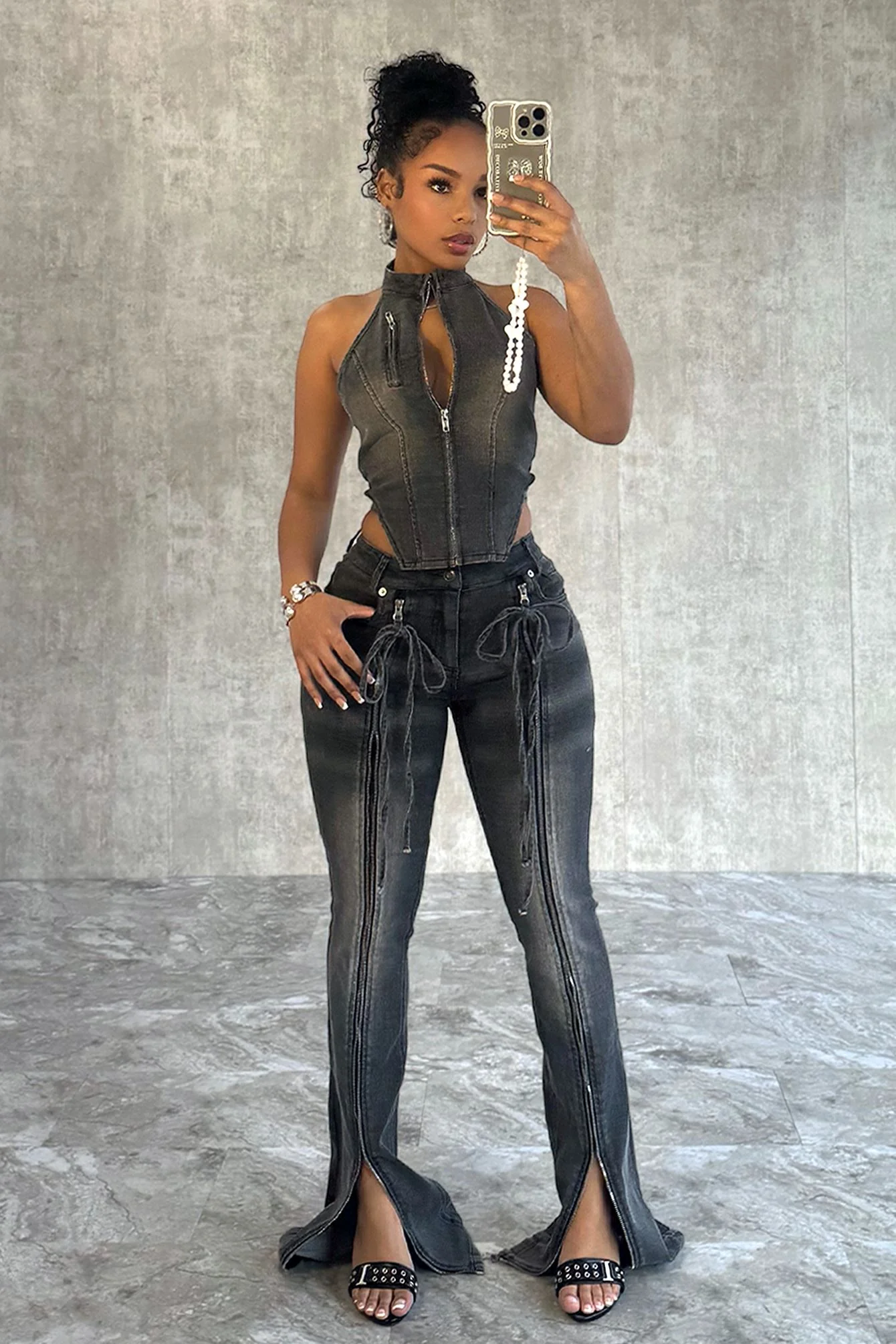 Free Fallin Vintage Denim Halter Top & Pants SET - Image 5