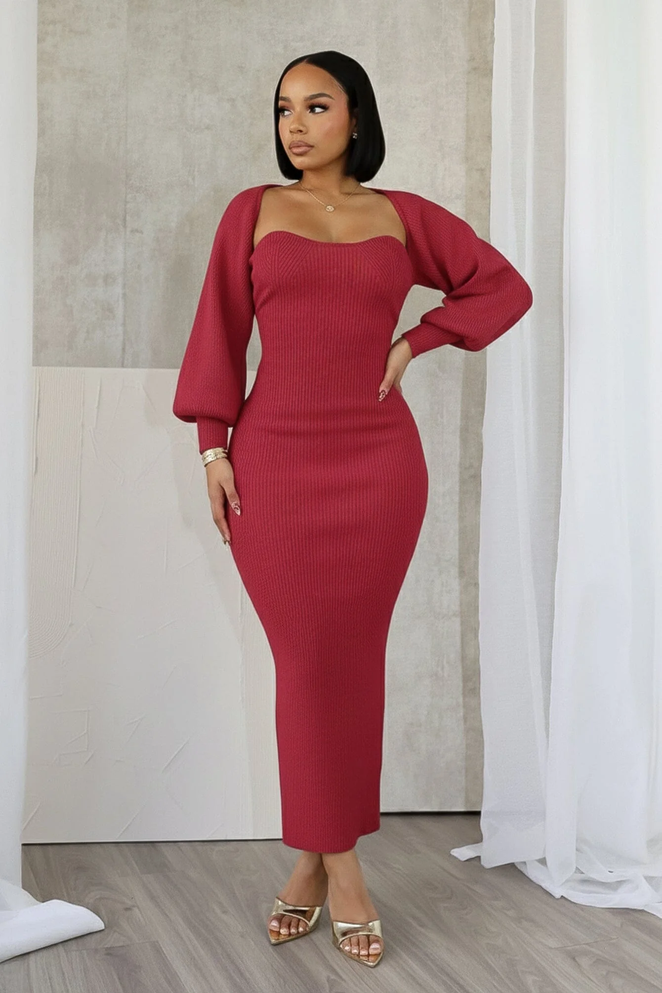 Heather Ribbed Knit Dress With Bolero SET - Image 3