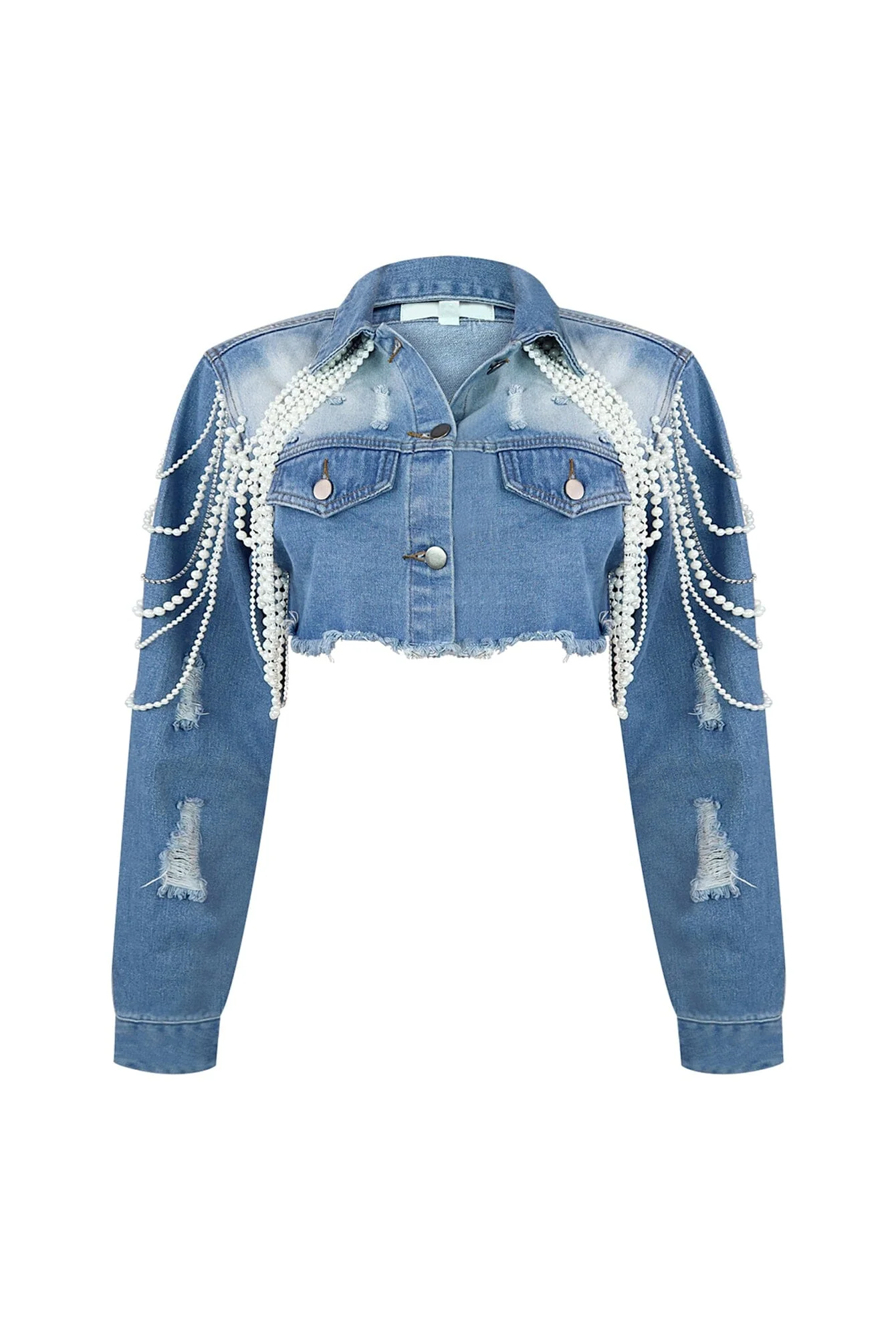 Janet Pearl & Rhinestone Draped Denim Jacket - Image 4