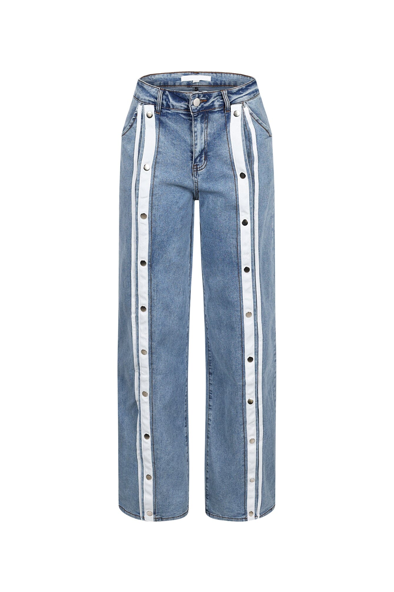 Retro Snap Button Denim Jeans with Stripes - Image 4
