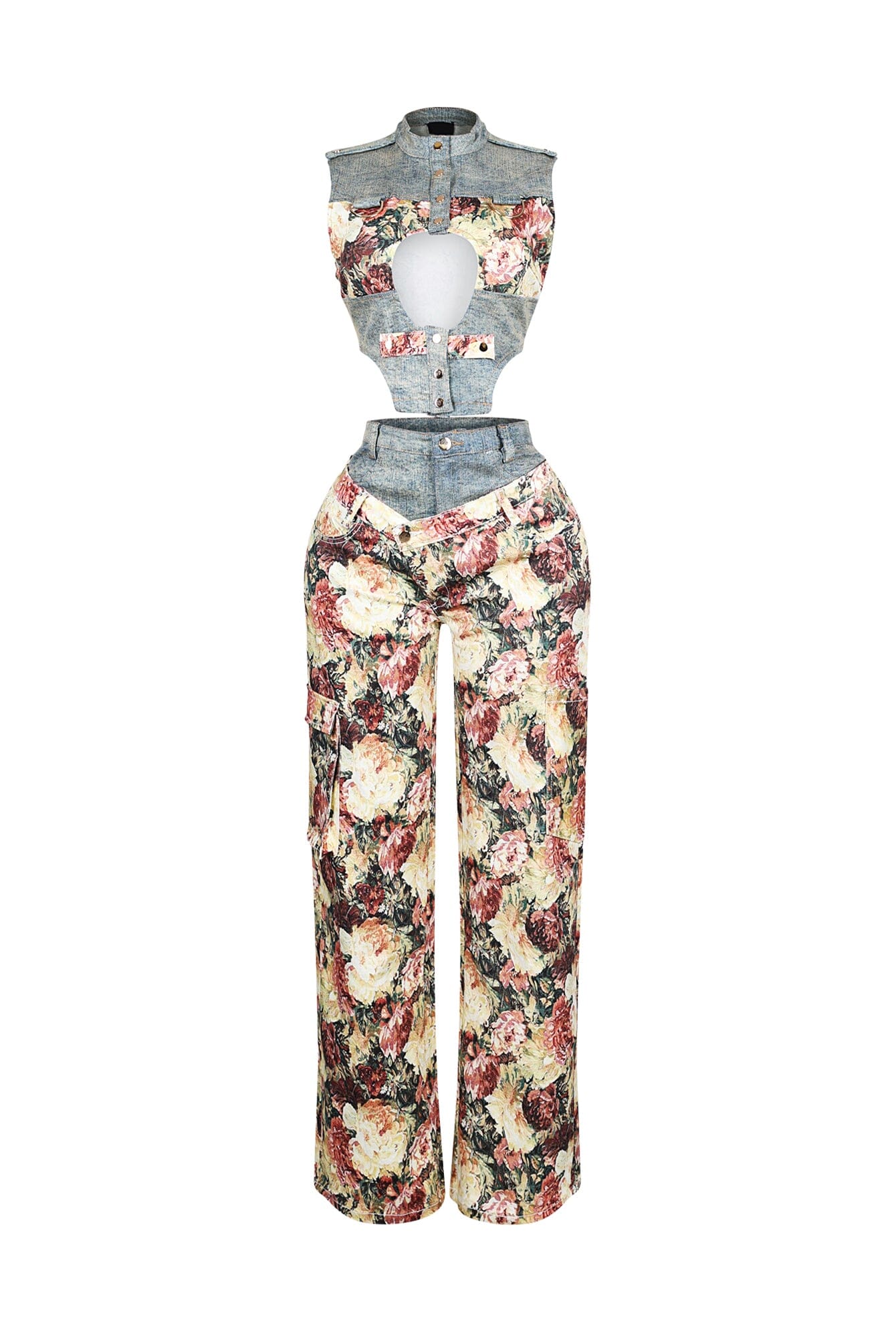 Shaka Denim Floral Contrast Top & Pants SET - Image 3
