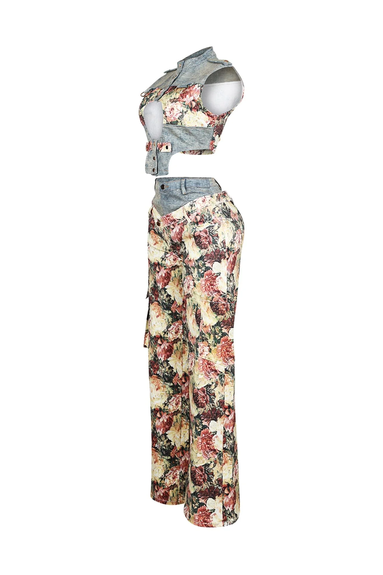 Shaka Denim Floral Contrast Top & Pants SET - Image 4
