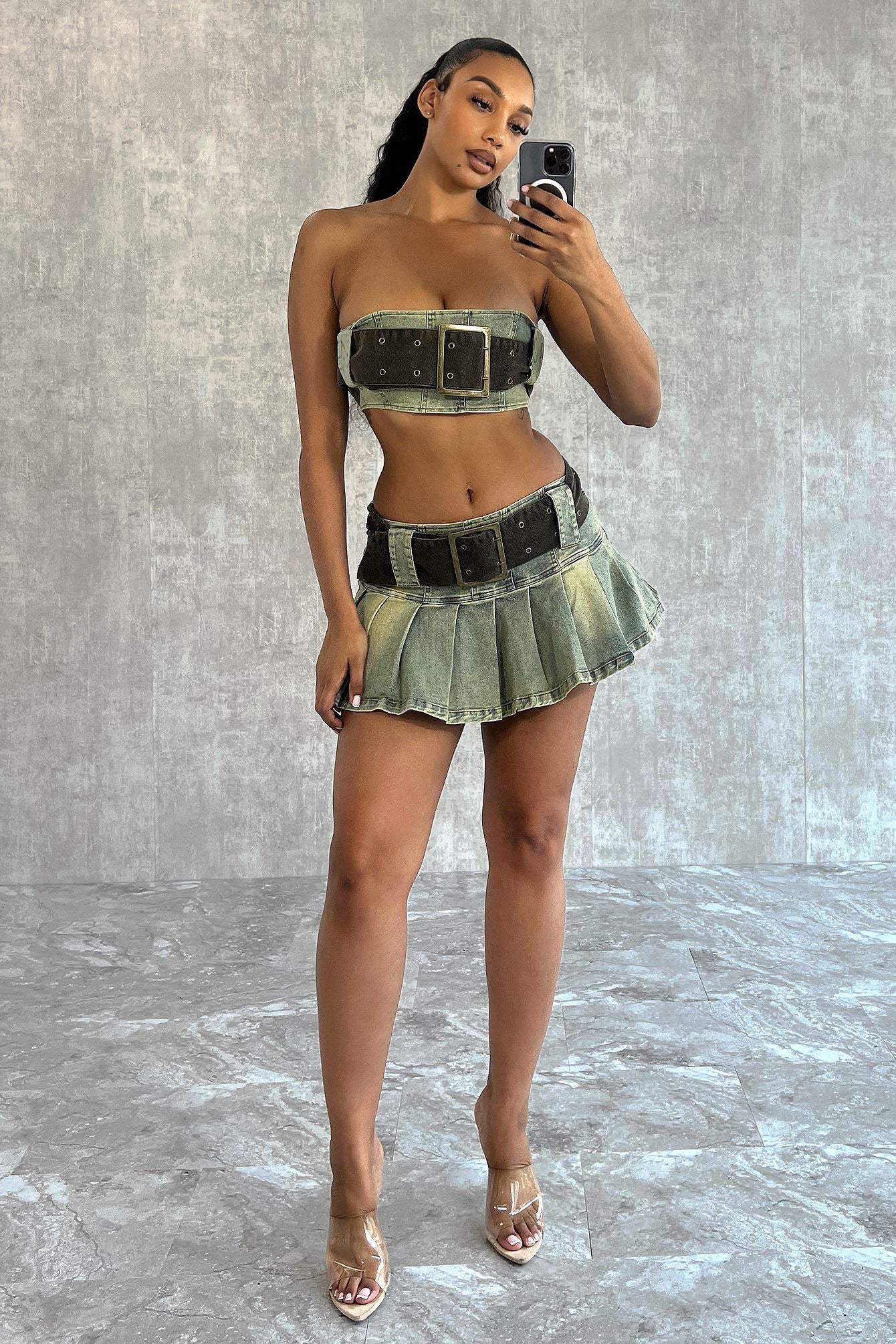 Vintage Chocolate Washed Denim Top & Skirt SET - Image 3