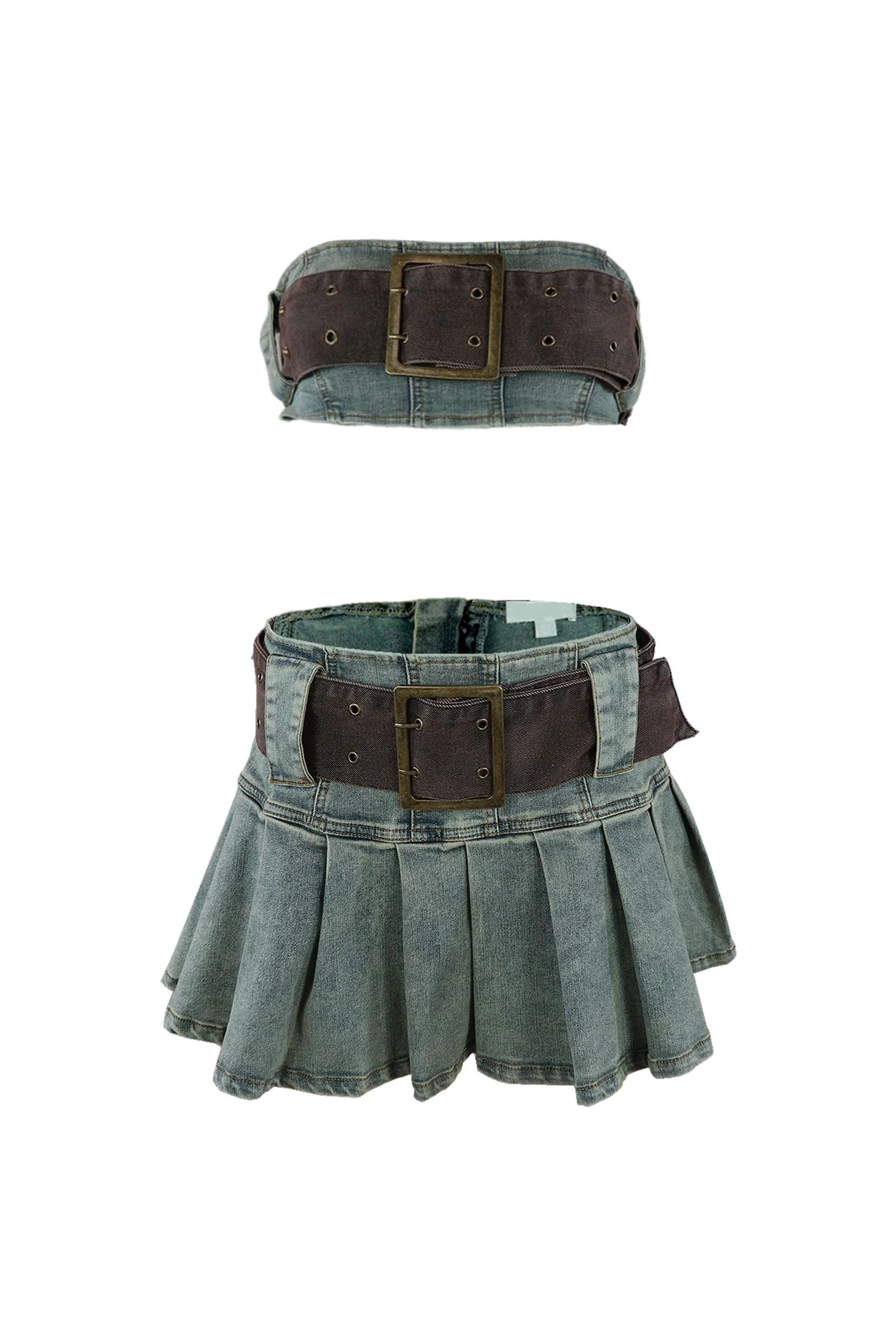 Vintage Chocolate Washed Denim Top & Skirt SET - Image 4