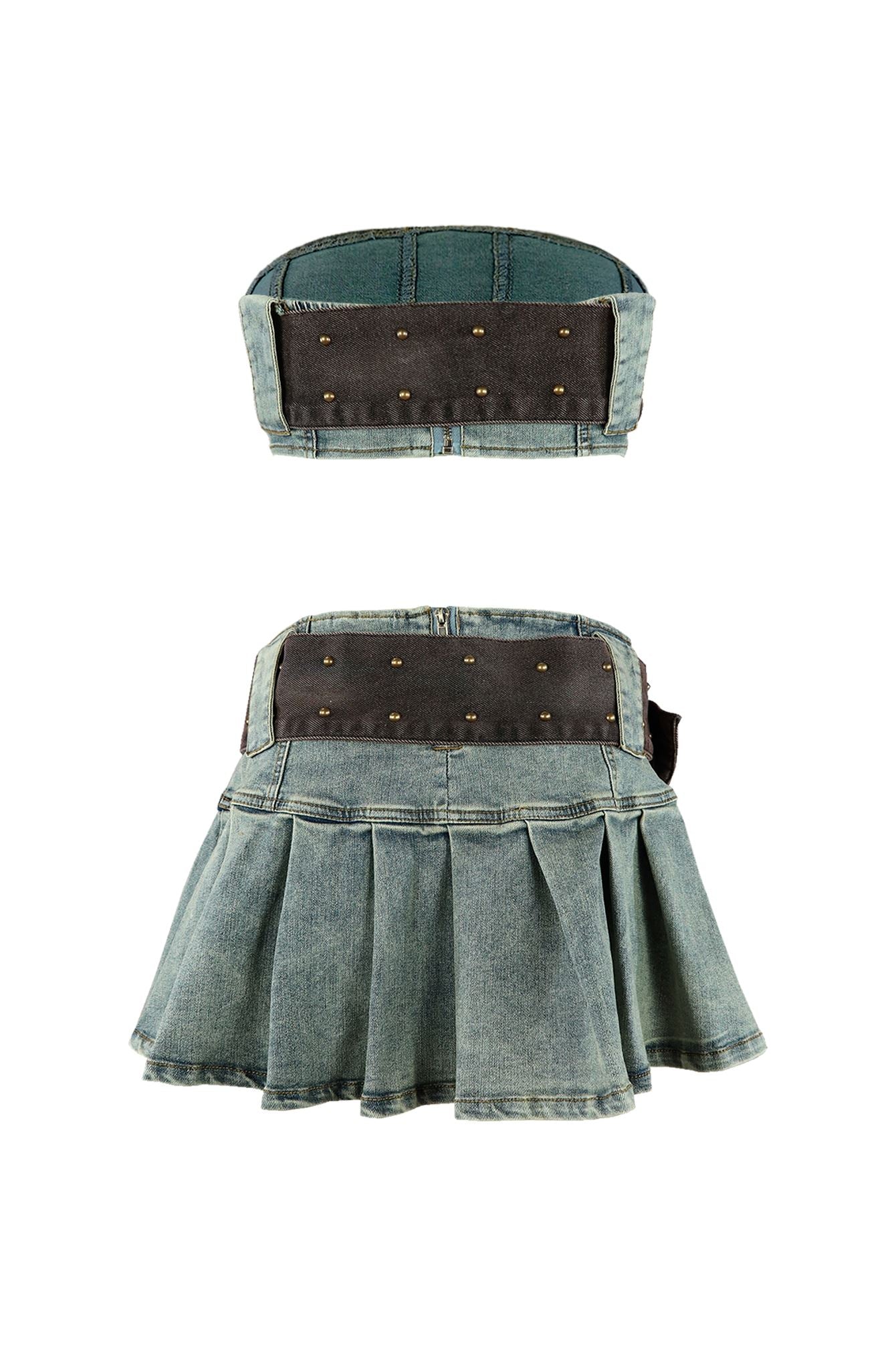 Vintage Chocolate Washed Denim Top & Skirt SET - Image 5
